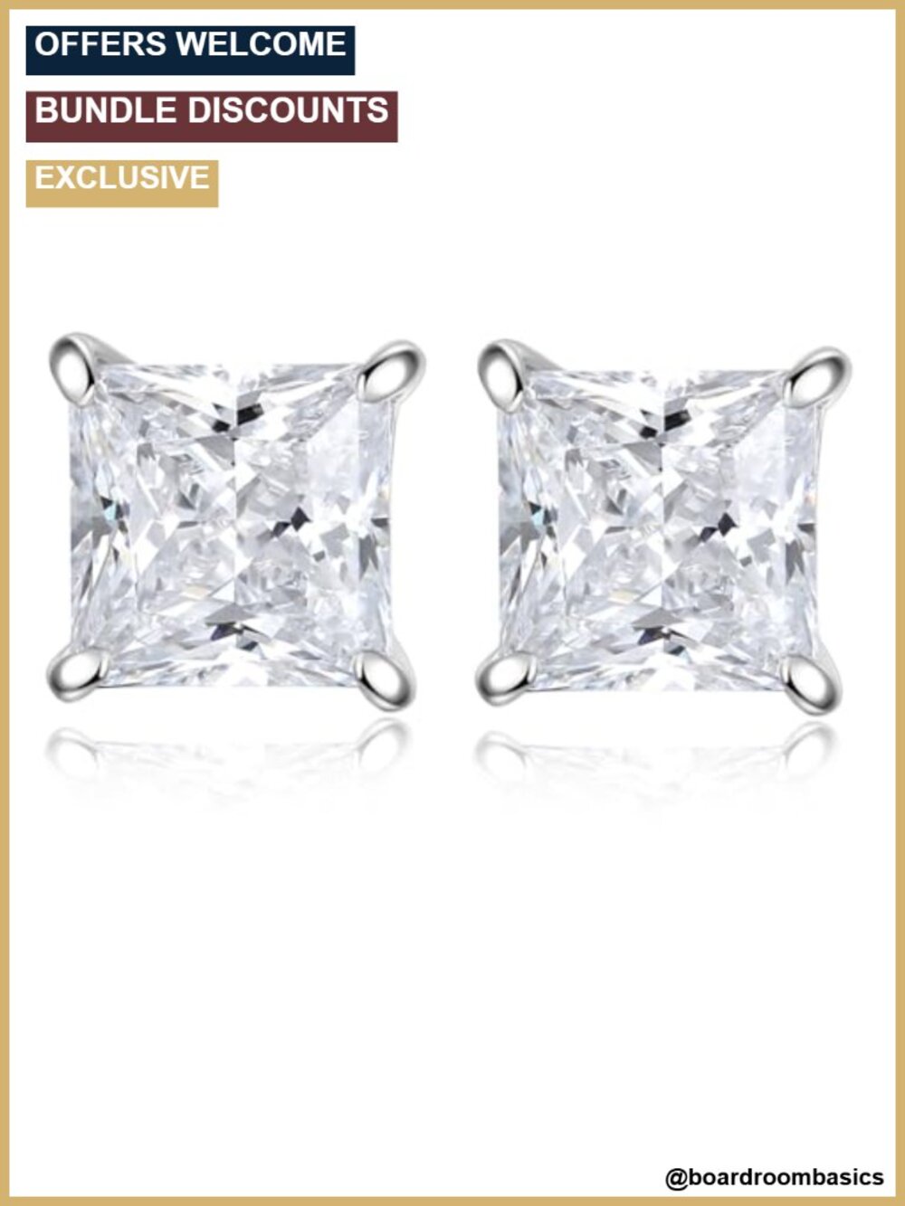 Sterling Silver Cubic Zirconia Stud Earrings 4CT Princess Cut Hypoallergenic
